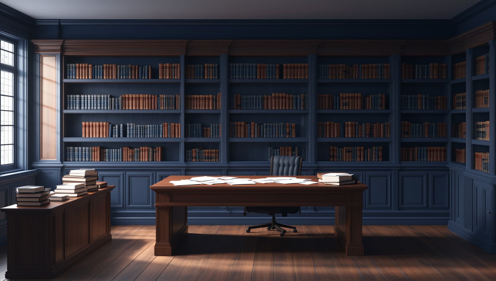 Interior of a traditional attorney's office with dark wood bookshelves lined with law books