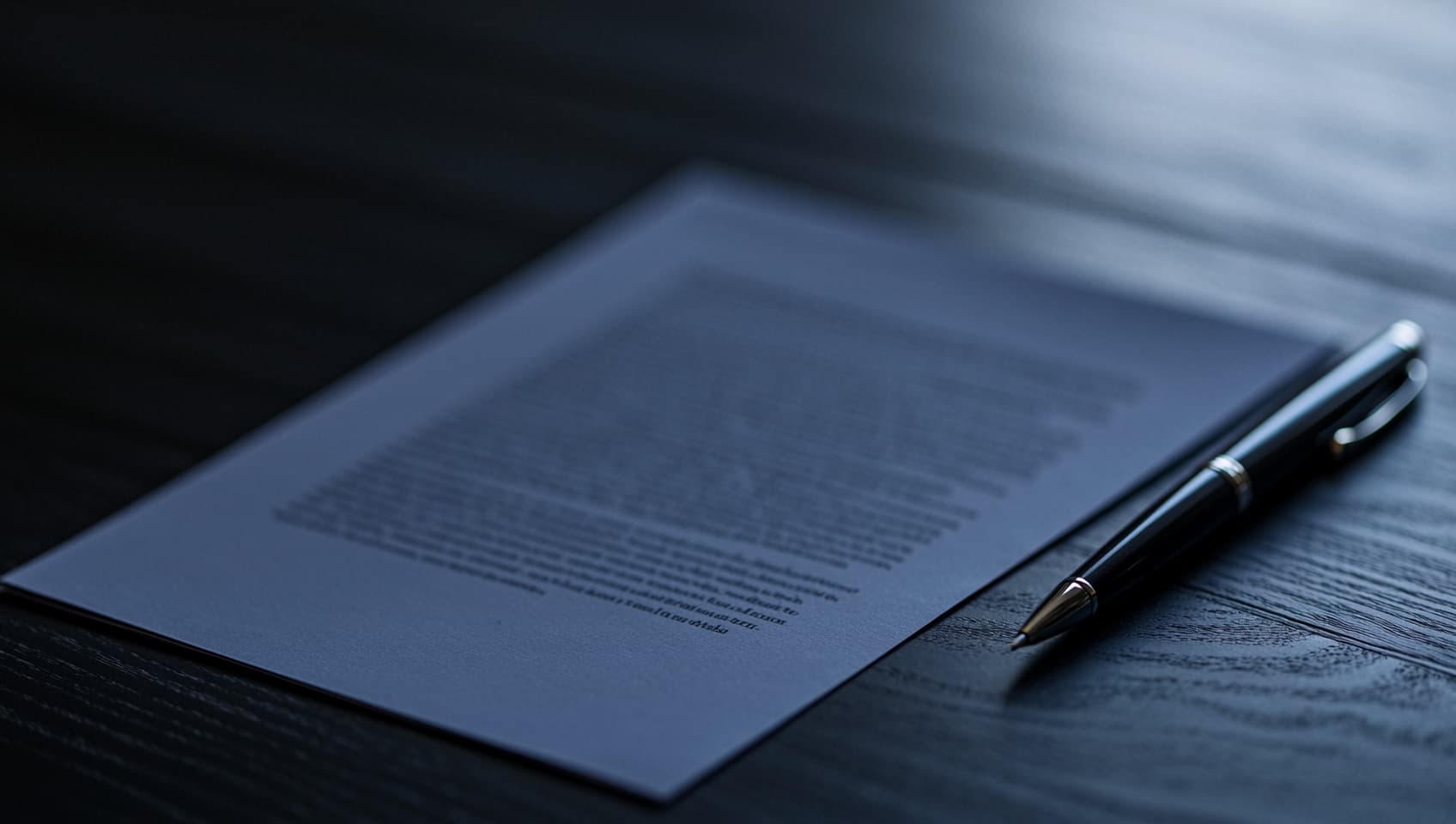 Close-up of a single legal document on a matte dark wood desk under soft cool sidelight
